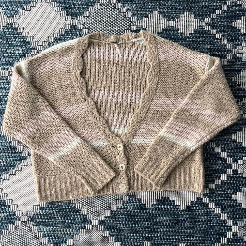 Free People Found My Friend Cardigan Beige Pink Stripe Wool Boho Cozy Small